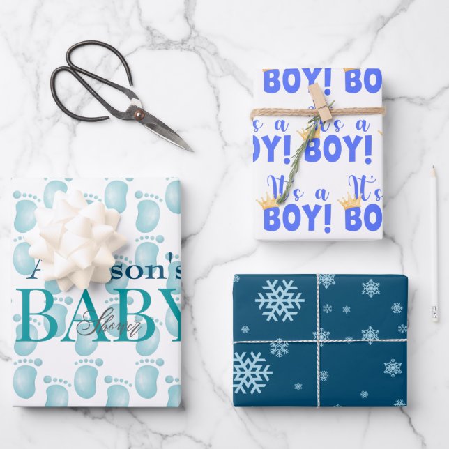 Personalised Newborn Baby Boy Shower Wrapping Paper Sheet (Front)