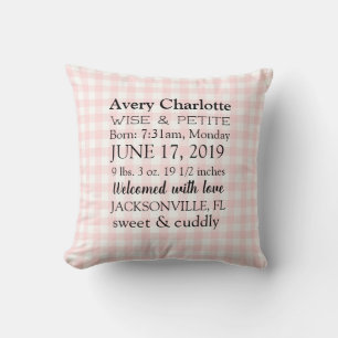 Personalised Newborn Baby Girl Pink Throw Pillow