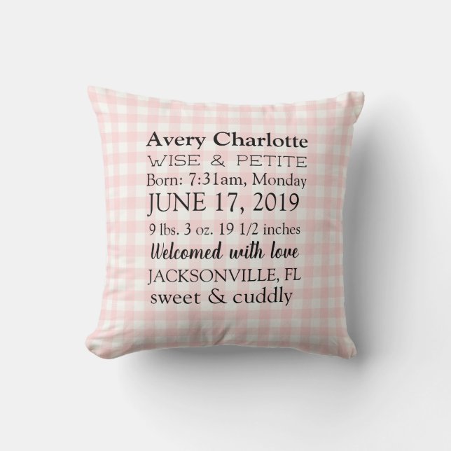 Personalised Newborn Baby Girl Pink Throw Pillow (Front)