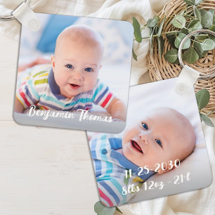 Personalised Newborn Baby Photo Name & Birth Stats Key Ring