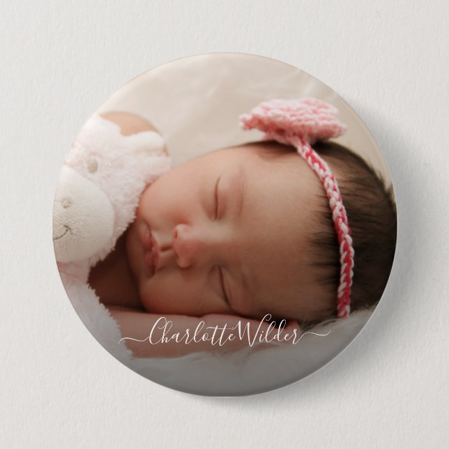 Personalised Newborn Baby Photo Script Name 7.5 Cm Round Badge (Front)