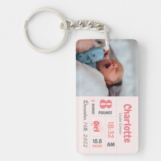 Personalised Newborn Photo Birth Announcement Key Ring (Front)