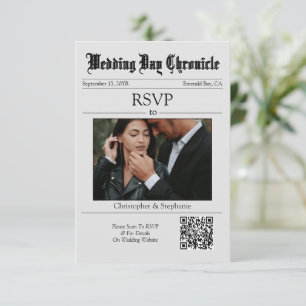 Personalised Newspaper Minimalist Elegant QR Code  RSVP Card