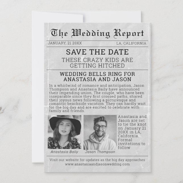 Personalised Newspaper Save the Date Wedding  Invitation (Front)