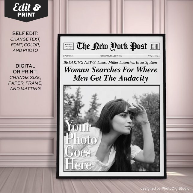 Personalised Newspaper Trendy Print Men's Audacity (Personalized Newspaper Trendy Print for Girls  'Woman Searched For Where Men Get The Audacity' )