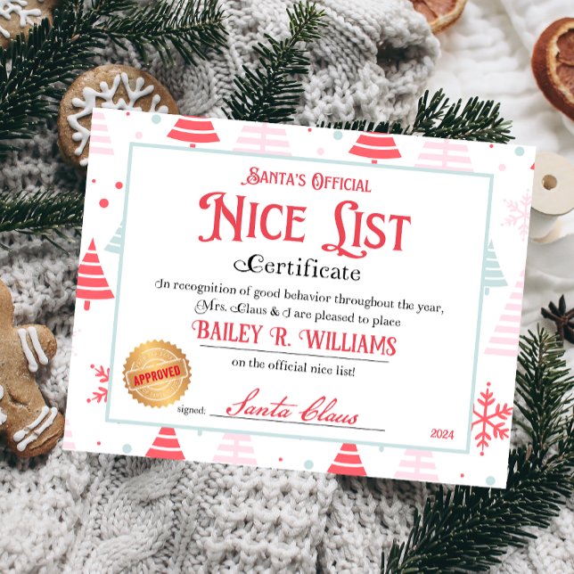 Personalised Nice Certificate From Santa Claus (Nice List Official Santa Claus Certificate )