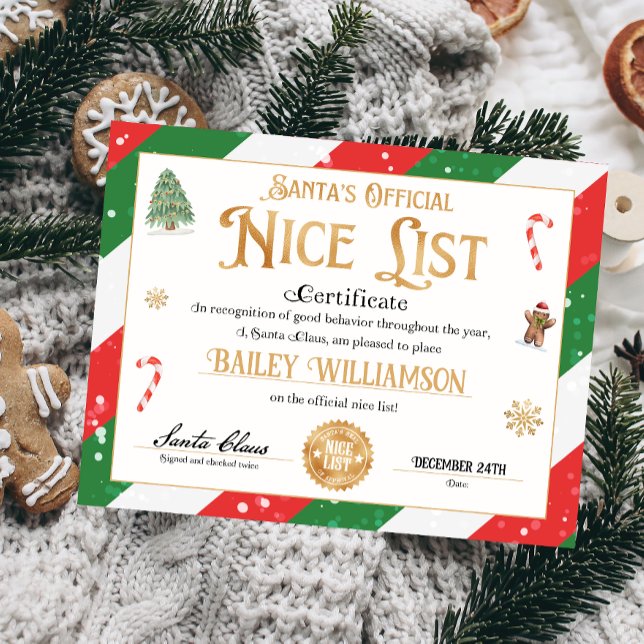 Personalised Nice Certificate From Santa Claus (Nice List Official Santa Claus Certificate )
