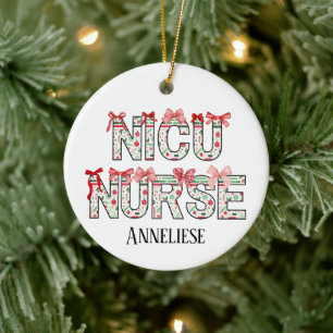 Personalised NICU Nurse Christmas Coquette Bow Ceramic Tree Decoration