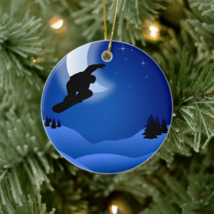 Personalised Night Snowboarding with Moon Mountain Ceramic Tree Decoration