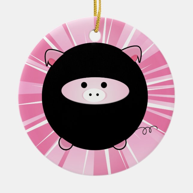 Personalised Ninja Pig on Pink Ceramic Tree Decoration (Front)
