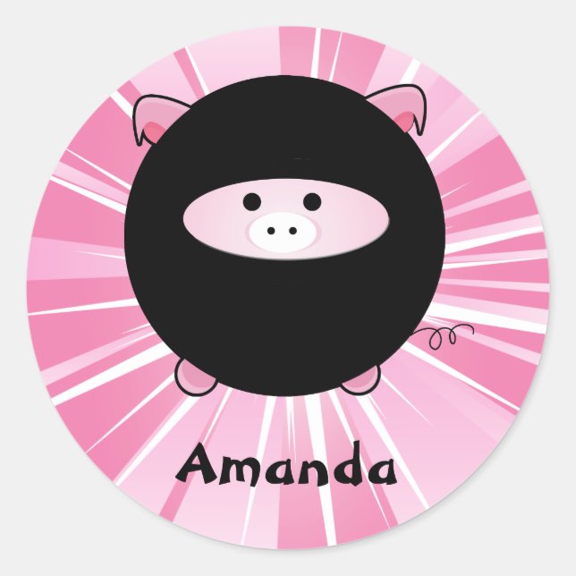 Personalised Ninja Pig on Pink Classic Round Sticker (Front)