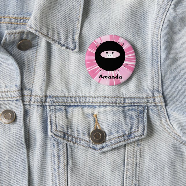 Personalised Ninja Pig on Pink Round Button (In Situ)