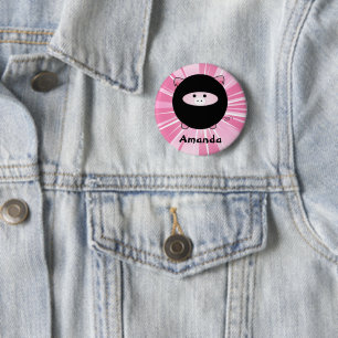 Personalised Ninja Pig on Pink Round Button