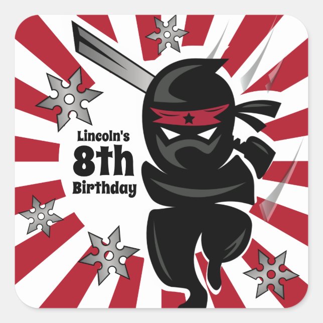 Personalised Ninja Samurai Warrior Birthday Square Sticker (Front)