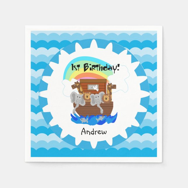 Personalised Noah's Ark 1st Birthday Paper Napkins (Front)