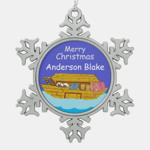personalised Noah's Ark baby 1st Christmas Snowflake Pewter Christmas Ornament