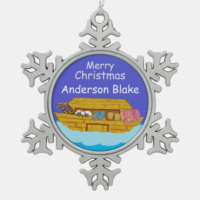 personalised Noah's Ark baby 1st Christmas Snowflake Pewter Christmas Ornament (Front)