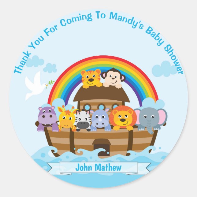 Personalised Noah's Ark Baby Shower Thank You Classic Round Sticker (Front)