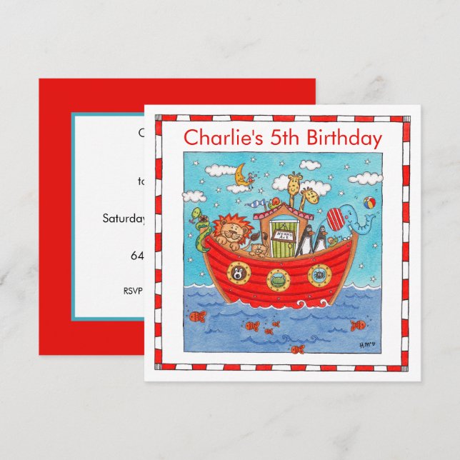 Personalised Noah's Ark Birthday Invitation (Front/Back)