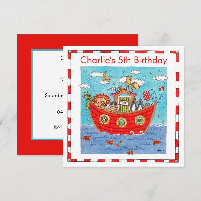Personalised Noah's Ark Birthday Invitation (Front/Back)