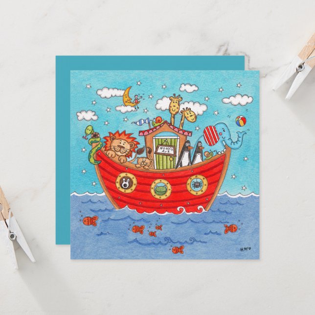 Personalised Noah's Ark Birthday Invitation (Front/Back In Situ)