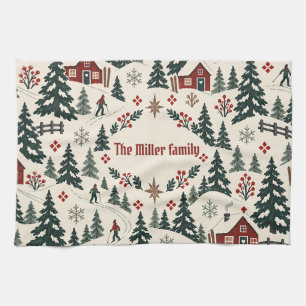 Personalised Nordic Christmas Ski Lodge Family Tea Towel
