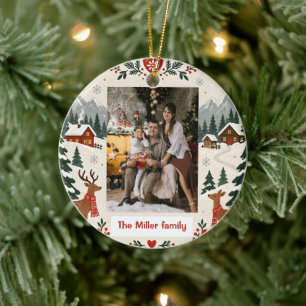 Personalised Nordic Deer Family Photo Ceramic Tree Decoration