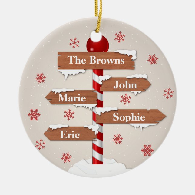 Personalised North Pole 4 Family Names Ceramic Tree Decoration (Front)