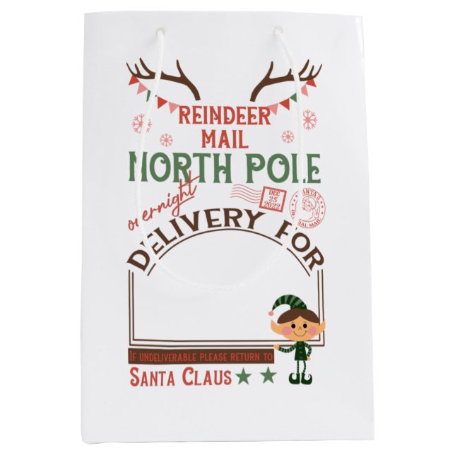 Personalised North Pole Reindeer Mail Medium Gift Bag (Front)