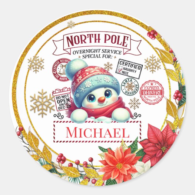 Personalised North Pole Snowman Christmas Gift Classic Round Sticker (Front)