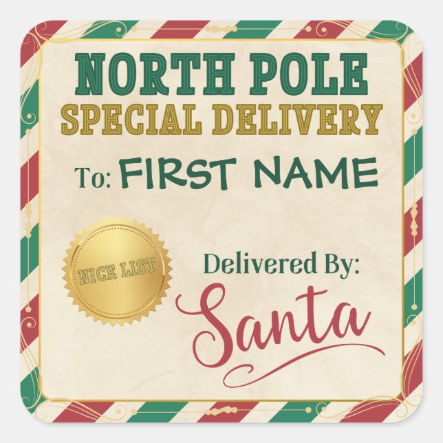 Personalised North Pole Special Delivery - Santa Square Sticker (Front)