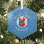 Personalised Norwegian Angel Hanukkah Flag Glass Tree Decoration<br><div class="desc">Blonde haired angel wears the flag of Norway on a hexagon shaped glass ornament for holiday and Hanukkah decor. Design created for families with multiple religions. The Norwegian flag Hanukkah angel is inside the circle of white squiggly squares. The background is blue squiggly squares. Add your own text or customise...</div>