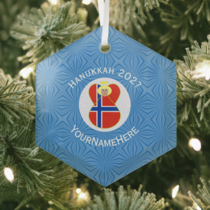 Personalised Norwegian Angel Hanukkah Flag Glass Tree Decoration