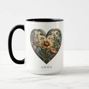 Personalised Norwegian Rosemaling Folk Art Heart M Mug