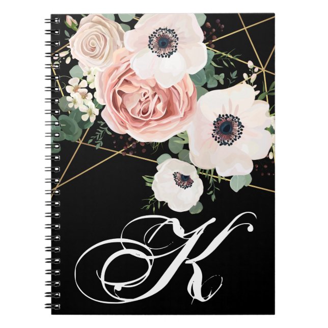 Personalised Note Book Geometric Garden Rose Black (Front)