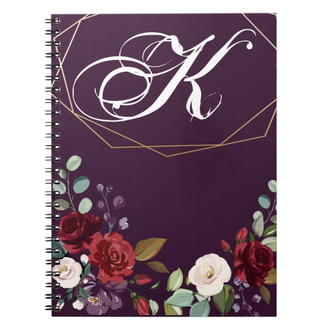Personalised Note Book Plum Purple Roses Gold Geom (Front)