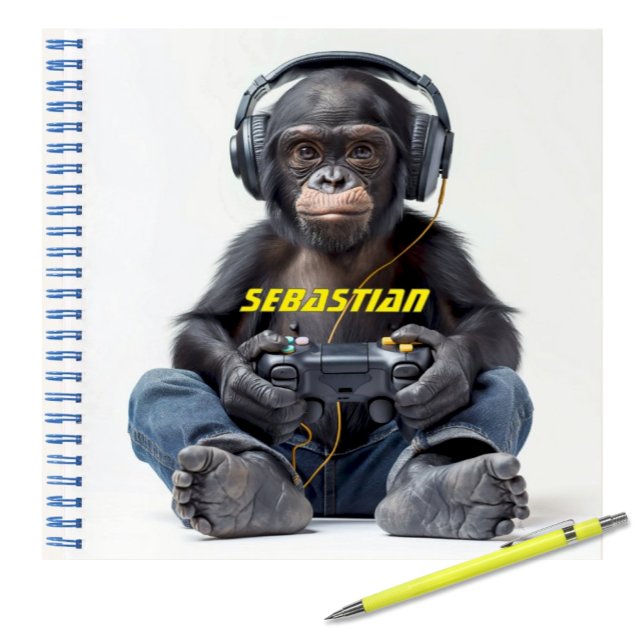 Personalised Notebook Gamer Chimp for Kids (Funny Monkey Chimp wearing headphones and playing video games personalized notebook for kids)