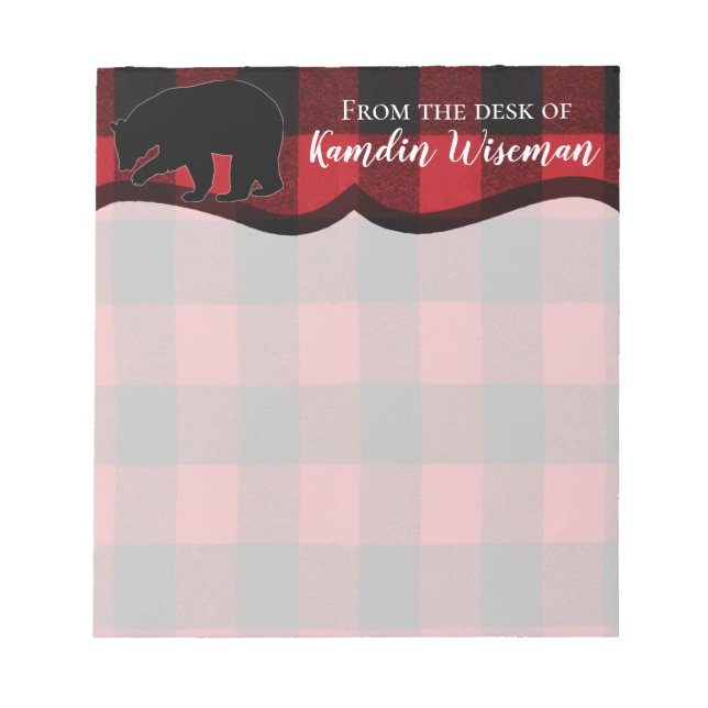 Personalised Notepad Red Buffalo Plaid Bear Black (Front)