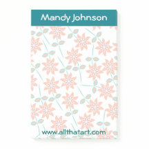 Personalised Notepad-Teal Border Faded Red Flowers