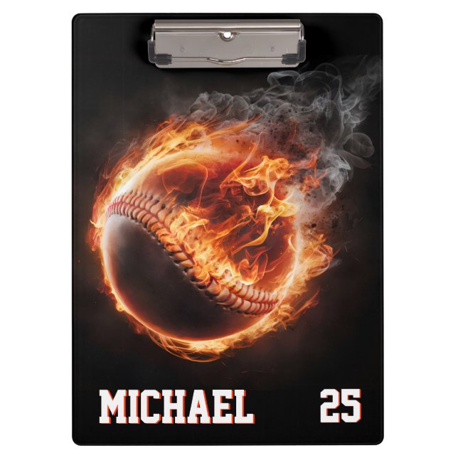 Personalised Number and Name Baseball Ball on Fire Clipboard (Front)