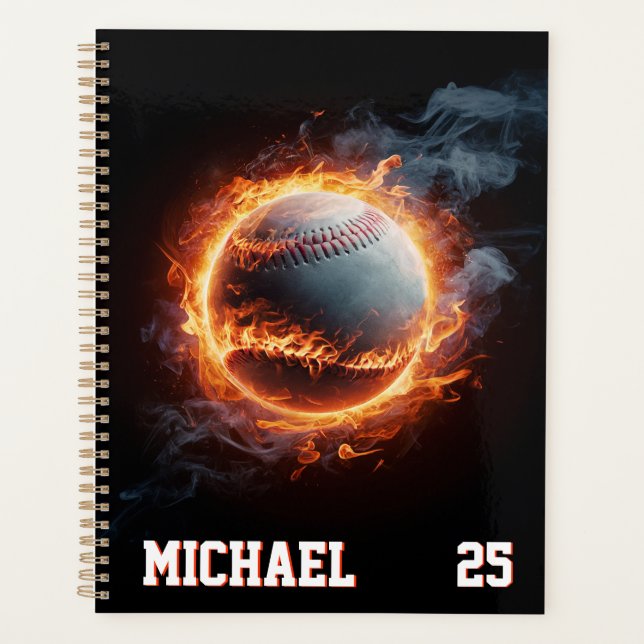 Personalised Number and Name Baseball Ball on Fire Planner (Front)