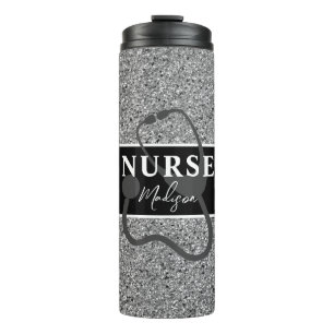 Personalised Nurse Black Silver Glitter Script Thermal Tumbler