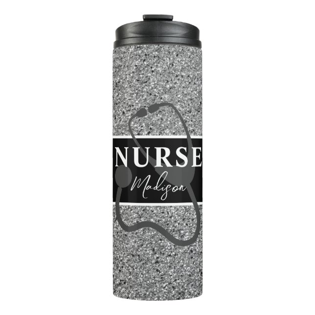 Personalised Nurse Black Silver Glitter Script Thermal Tumbler (Front)