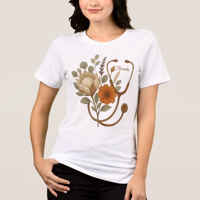 Personalised Nurse Boho Floral Stethoscope  Tri-Blend Shirt (Front)
