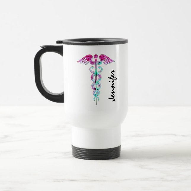 Personalised Nurse Caduceus Medical Pink Teal Travel Mug (Left)