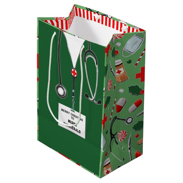 Personalised Nurse Christmas Holiday Medium Gift Bag (Front Angled)