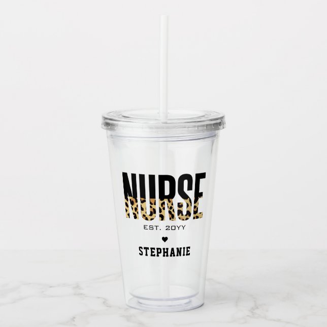 Personalised Nurse Est Cheetah RN graduation Acrylic Tumbler (Front)