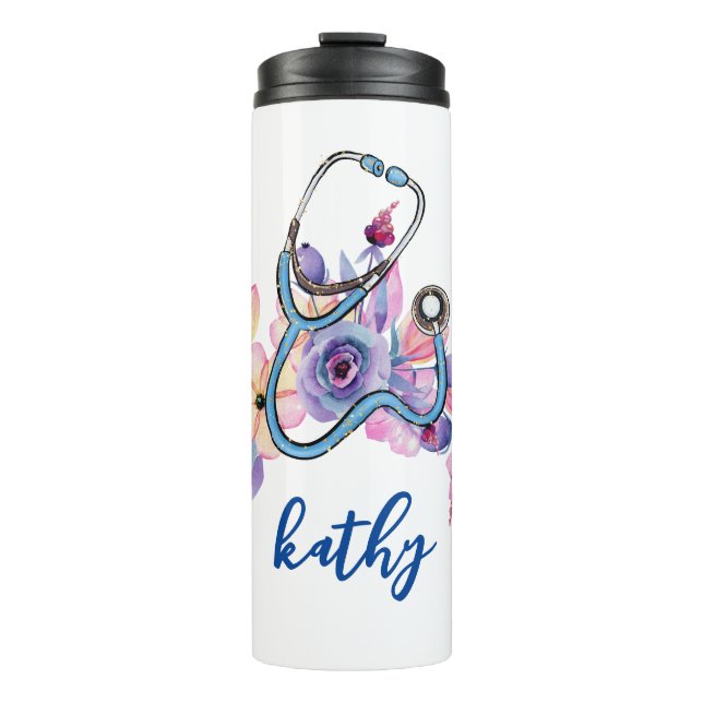 Personalised Nurse Floral Stethoscope Gift Thermal Tumbler (Front)