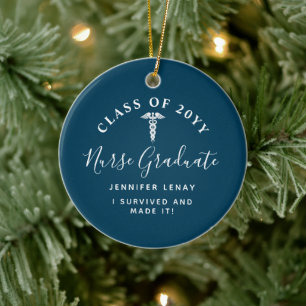 Personalised Nurse Graduation Blue Caduceus Ceramic Tree Decoration
