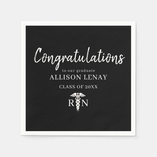 Personalised Nurse Graduation Party Black White Napkin (Front)